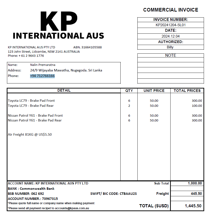 Sample order --  Nalin Premaratna -- Sri Lanka --KPR brake pads