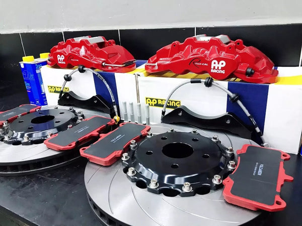 AP Racing Street PAIR Red 4 Piston calipers + Rotors + Pads + brake li ...
