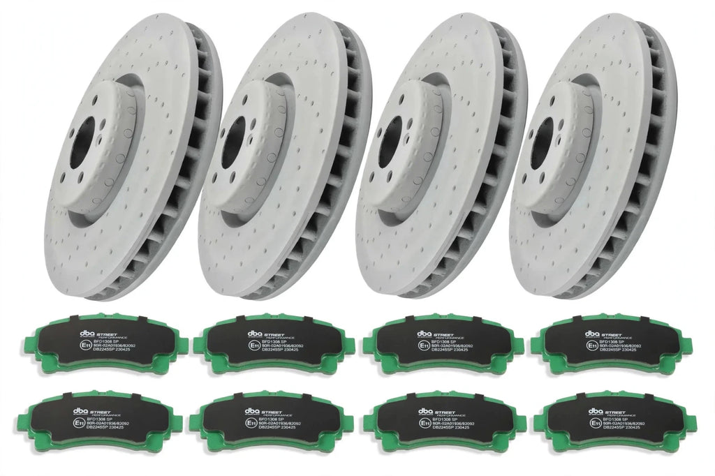 DBA Cross Drilled/ Dimpled OEX ROTORS + DBA Street Performance Pads  FOR V177 A35 AMG Front + Rear